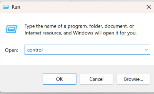 Image of a Run window with control typed in the Open tab.