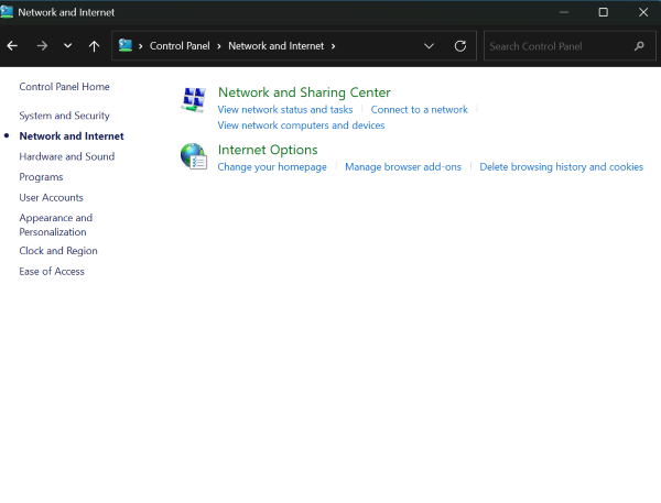 Image of the Control Panel with the Network and Internet tab selected