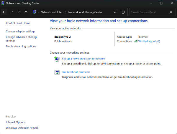 Image of the Network and Sharing Center being selected