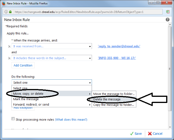 Delete the message selected under Do the following in New Inbox Rule window (Small).png