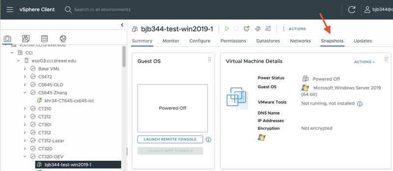 VCenter Snapshot Tab