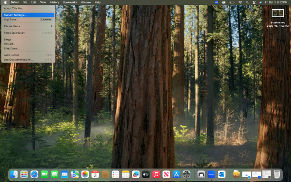 Image of the Apple Icon clicked and System Settings selected in the dropdown menu